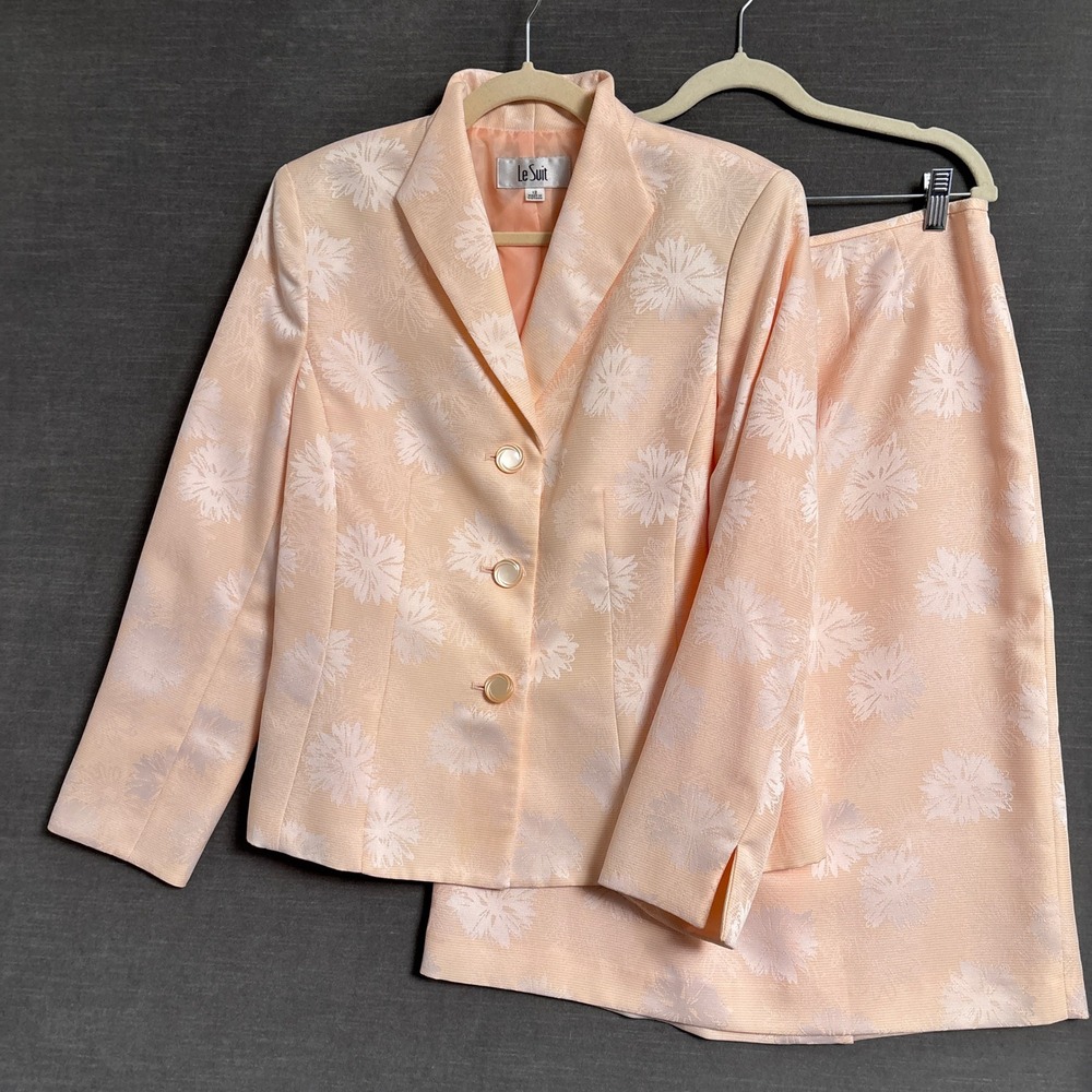 Le Suit Skirt Set 12 Peach Floral Jacquard Suit Blazer Wedding Formal Cocktail